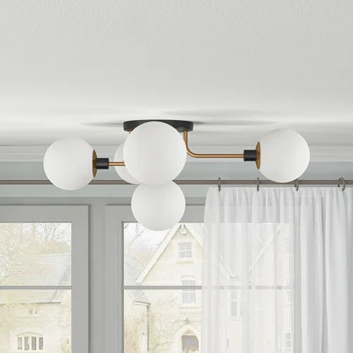 5-E12 Light Bulbs Glass Globe Shade Sputnik Mid Century Modern Semi-Flush Mount Light